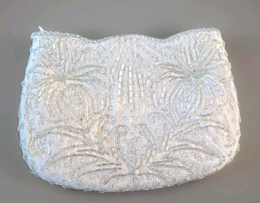 Carolyne Barton White Beaded Floral Zip Clutch Evening Bag Bridal Vintage
